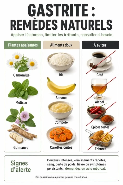 Gastrite remèdes naturels : visuel éditorial montrant plantes apaisantes, aliments doux et irritants à éviter