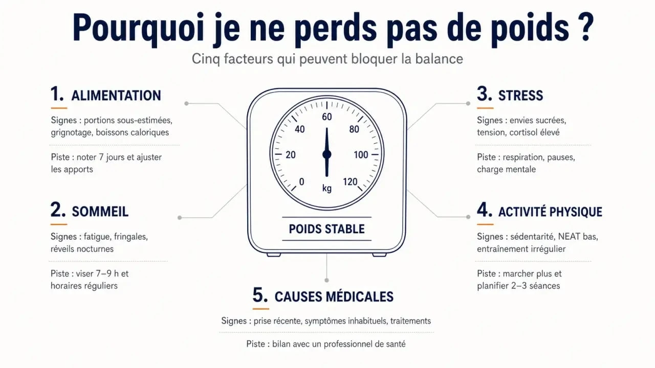 Infographie sur pourquoi je ne perds pas de poids avec les principales causes et pistes d’action