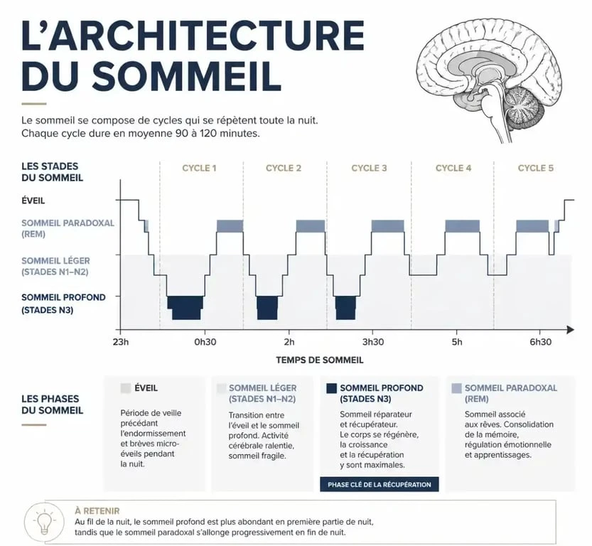 Architecture du sommeil et phases de sommeil profond pour comprendre les causes du manque de sommeil.