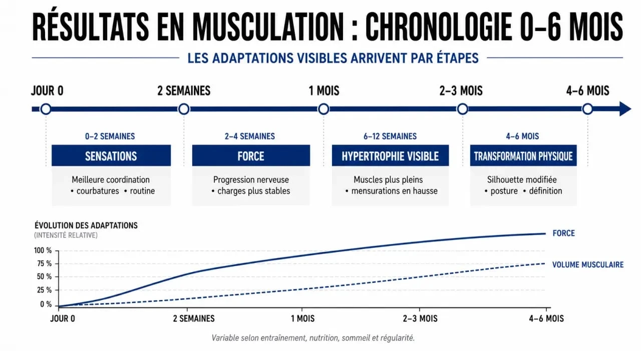Chronologie des résultats en musculation 4 fois par semaine sur 6 mois