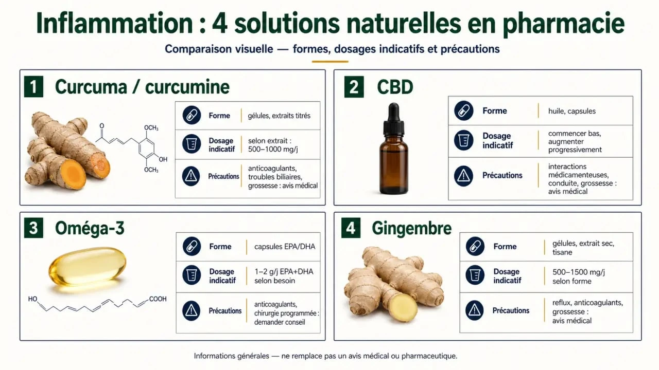 Comparatif des anti-inflammatoire naturel en pharmacie : curcuma, CBD, oméga-3 et gingembre