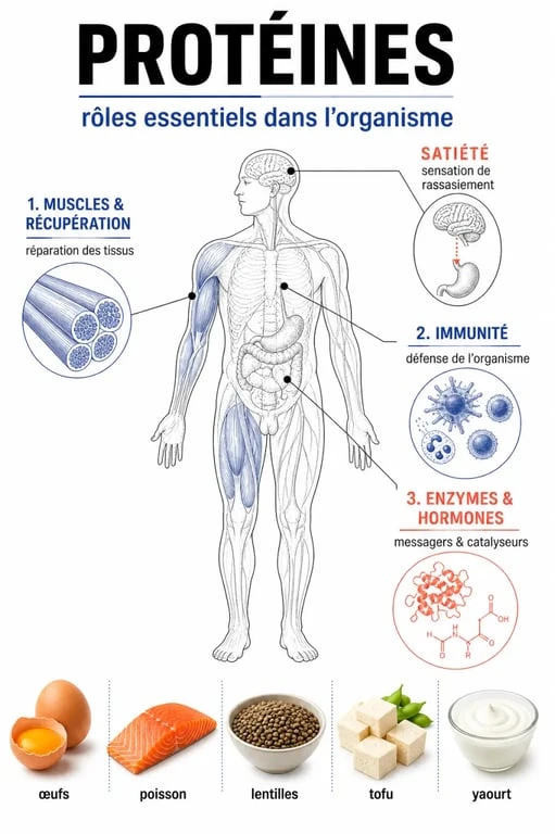 Pourquoi manger des proteines : schéma des rôles dans les muscles, l’immunité, la récupération et la satiété