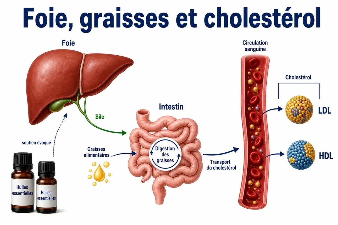 Schéma sur l'huile essentielle pour cholesterol et le rôle du foie dans la digestion des graisses