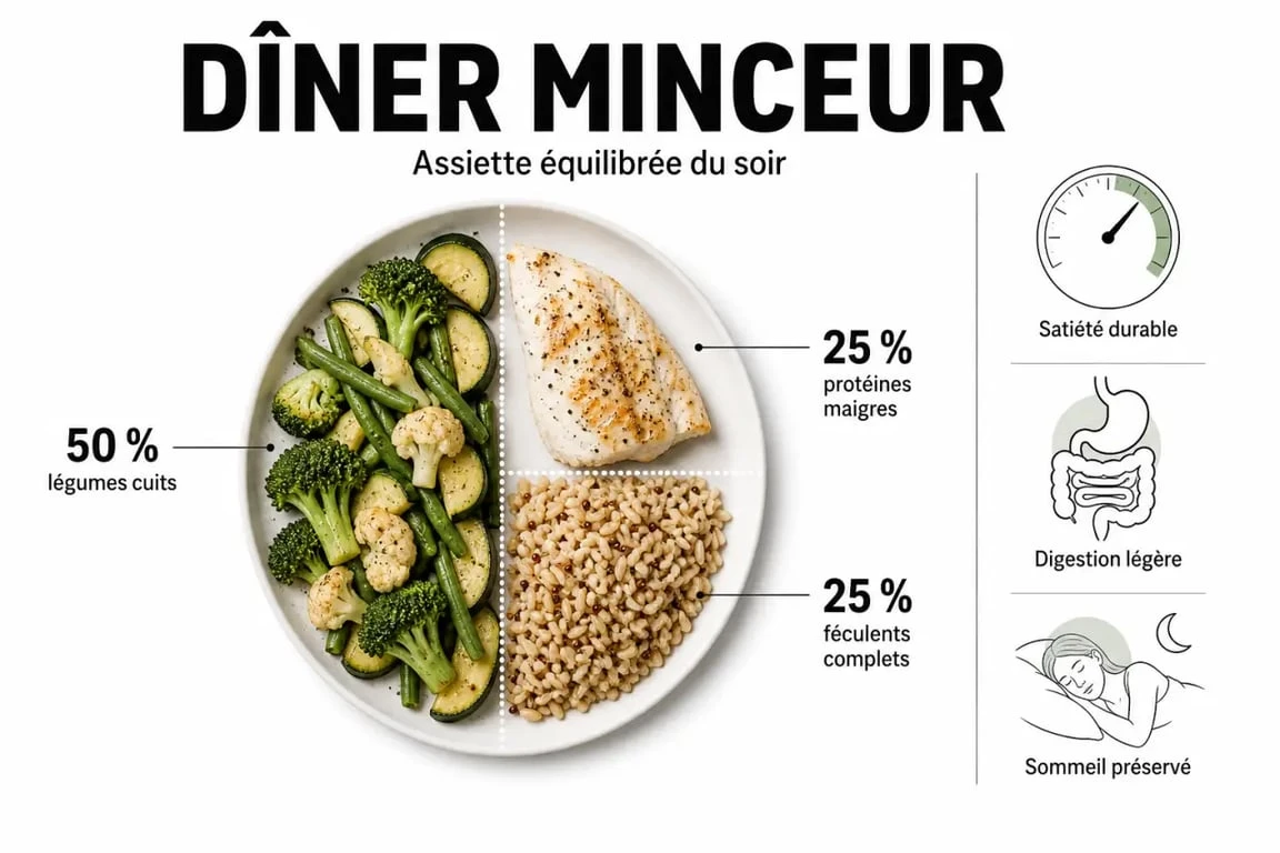 Que manger le soir pour maigrir : assiette minceur équilibrée avec légumes, protéines et féculents