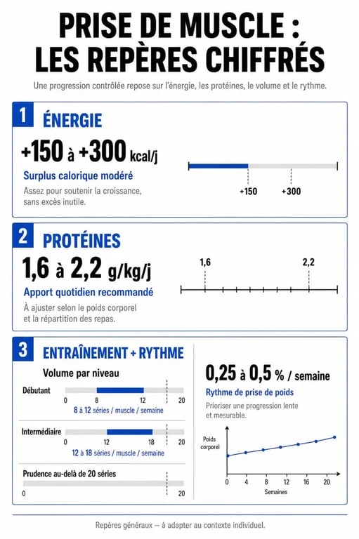 Prise de muscle : repères chiffrés pour calories, protéines et volume d’entraînement