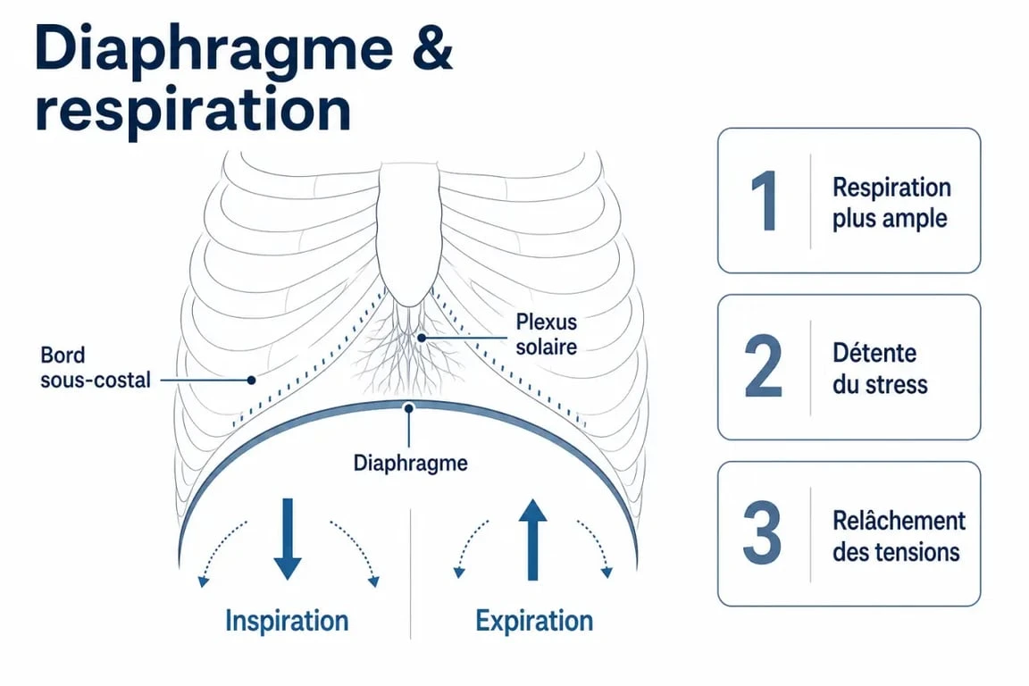 Massage diaphragme bienfaits : schéma simplifié du diaphragme, de la respiration et des effets du relâchement