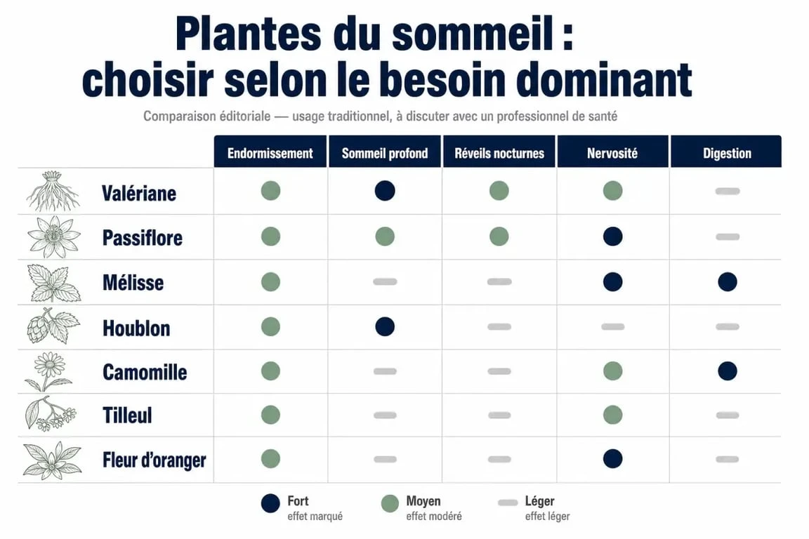 Tableau comparatif des options de plante sommeil profond selon l’endormissement, les réveils nocturnes et la nervosité