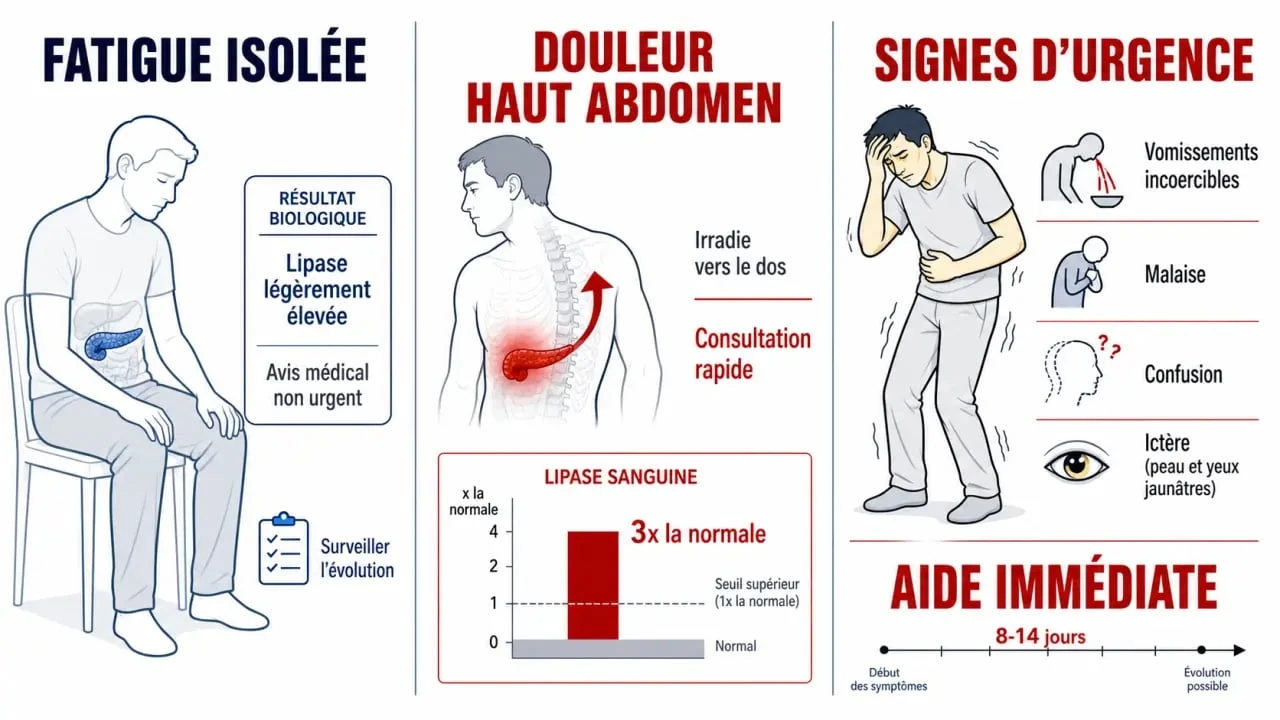 Schéma médical du taux de lipase élevé fatigue montrant fatigue isolée, douleur abdominale et signes d’urgence