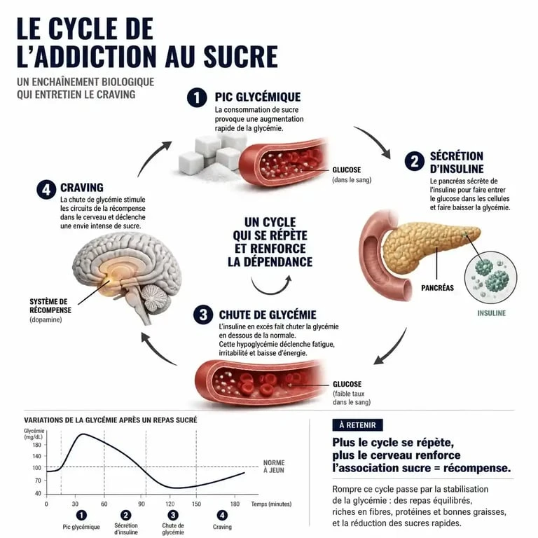 Infographie sur les effets de l'alimentation sans sucre sur le métabolisme et le circuit de la récompense