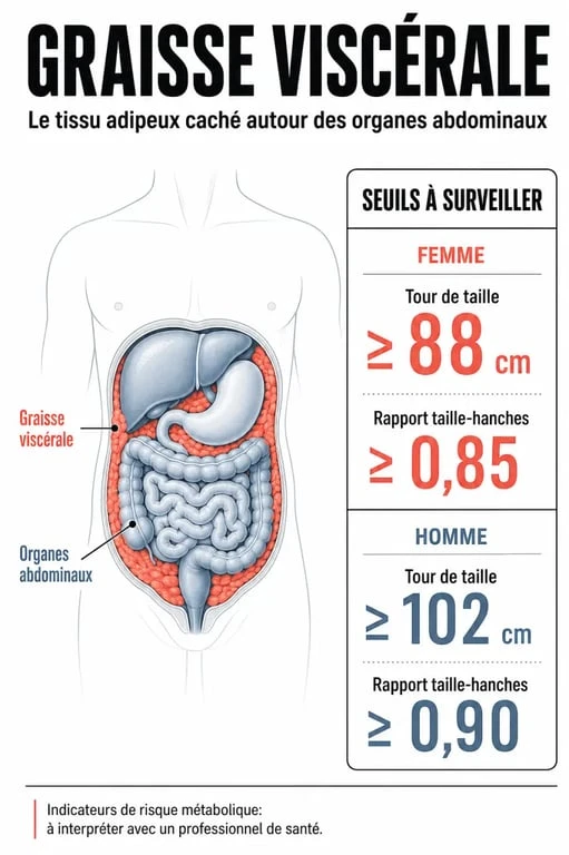 Comment perdre la graisse viscérale : infographie sur la graisse abdominale profonde, les organes concernés et les seuils de tour de taille