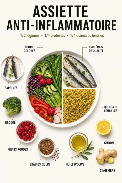 Menu anti inflammatoire : assiette équilibrée avec légumes, protéines, quinoa et aliments clés