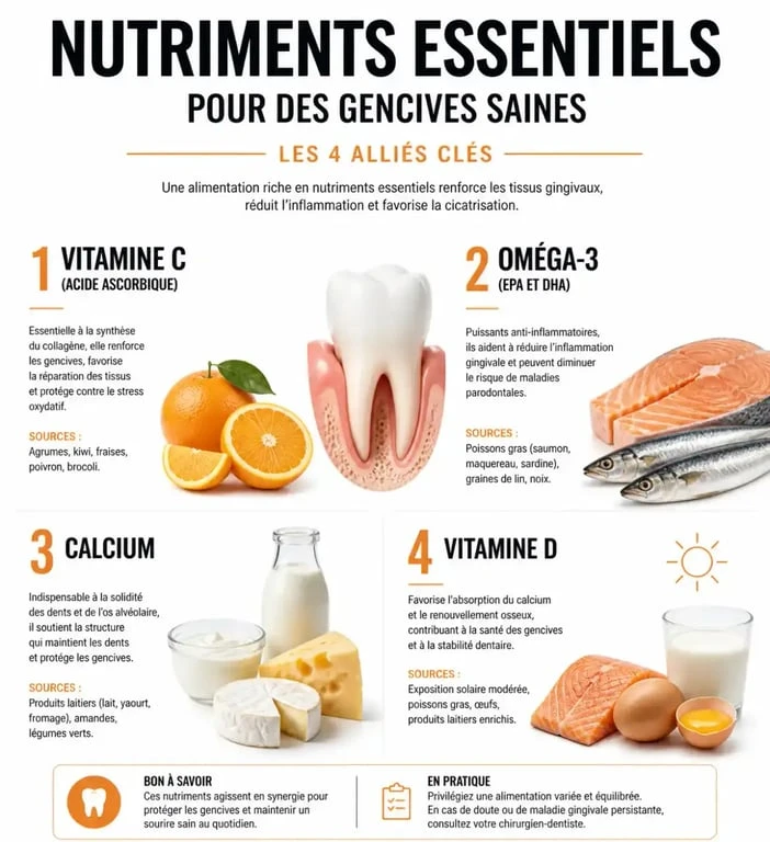 Infographie sur les nutriments pour renforcer la gencive et la santé parodontale