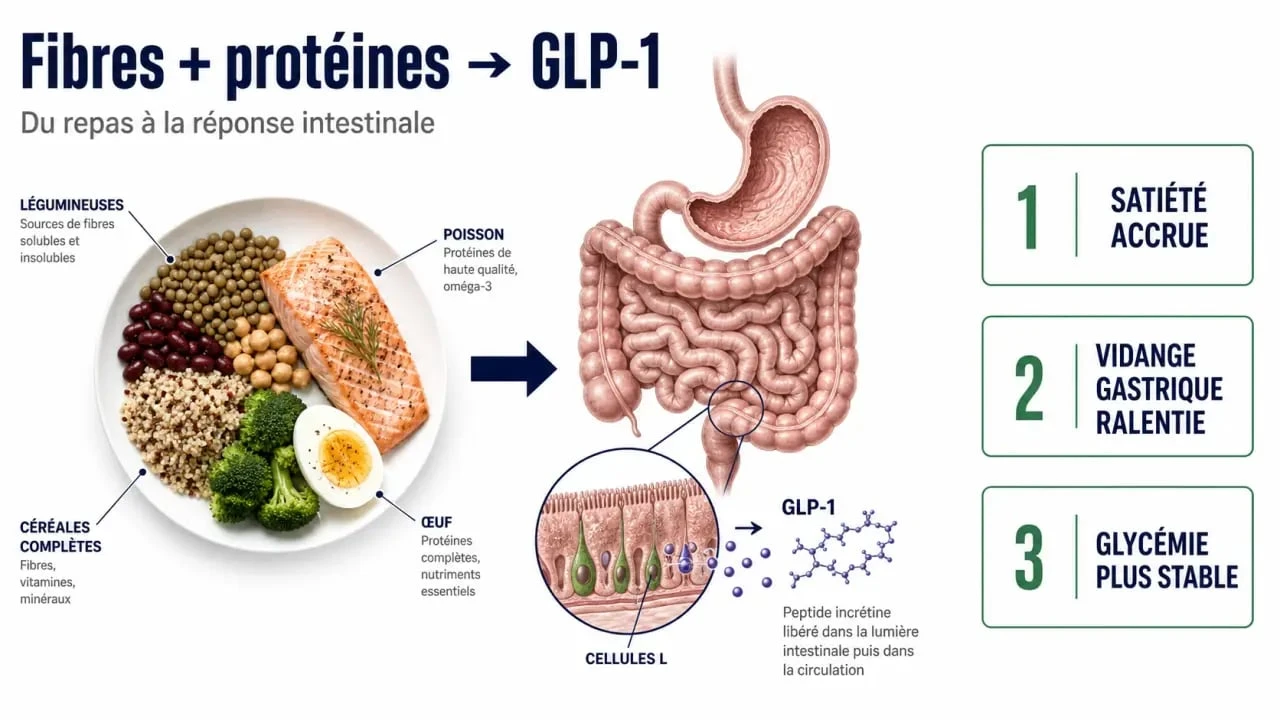Schéma du glp 1 naturel montrant comment les fibres et les protéines favorisent la satiété