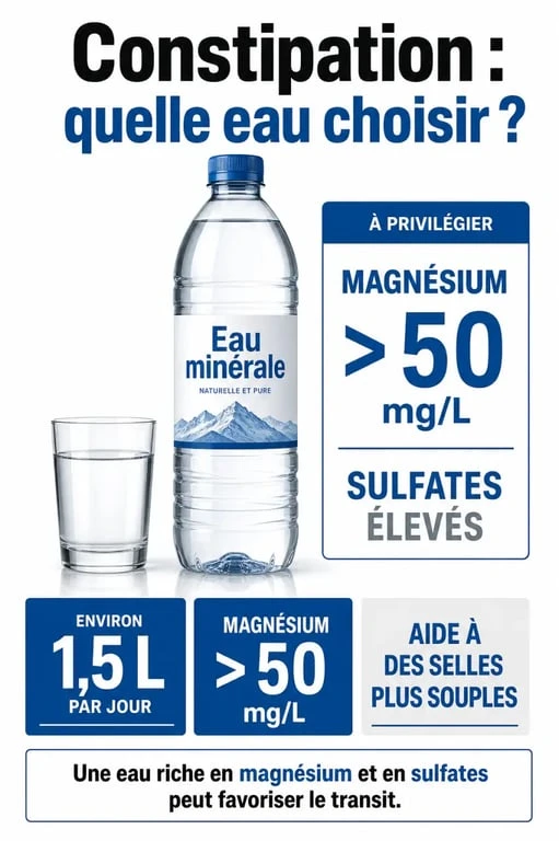 Eau constipation : infographie sur le magnésium, les sulfates et l’hydratation