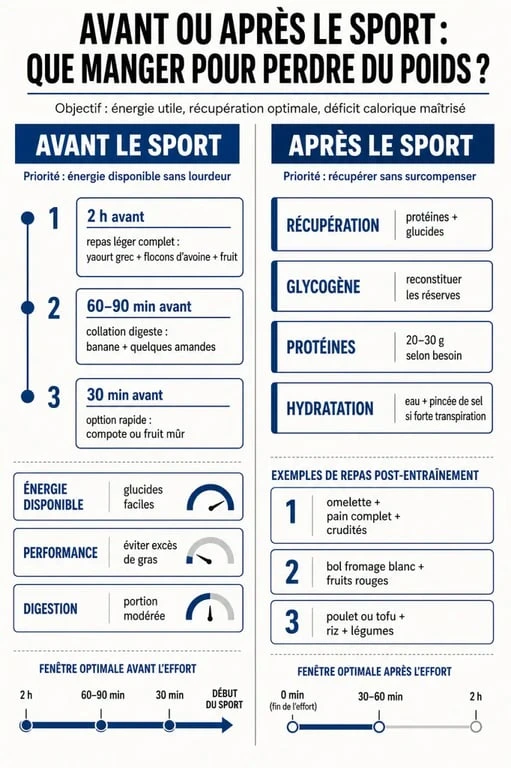 Perte de poids manger avant ou apres le sport : comparatif visuel entre repas avant l’effort et repas après l’effort