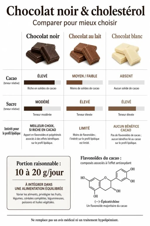 Infographie sur le chocolat noir et cholestérol : comparaison noir, lait et blanc