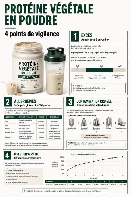Protéine végétale en poudre danger : schéma éditorial des risques, de la dose et des points de vigilance