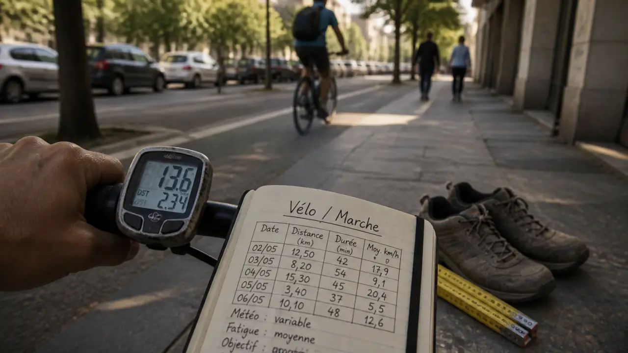 Équivalence vélo marche à pied : compteur vélo, carnet Velo/Marche, chaussures
