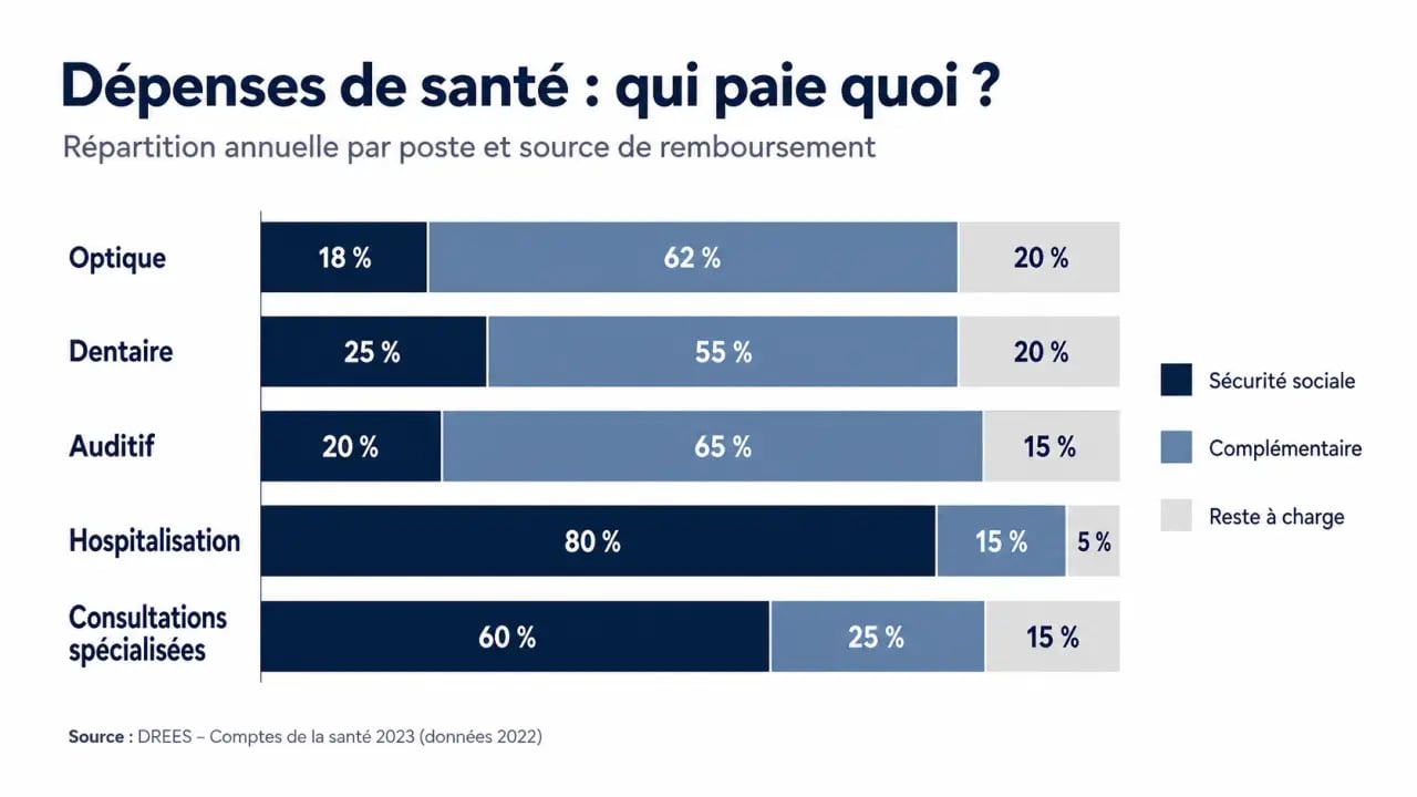 Optimiser sa protection santé pour mieux anticiper les frais médicaux : schéma des principaux postes de dépenses et du reste à charge annuel