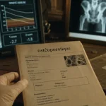 ostéoporotique def : main gantée, bilan médical et radiographie sur fond flou