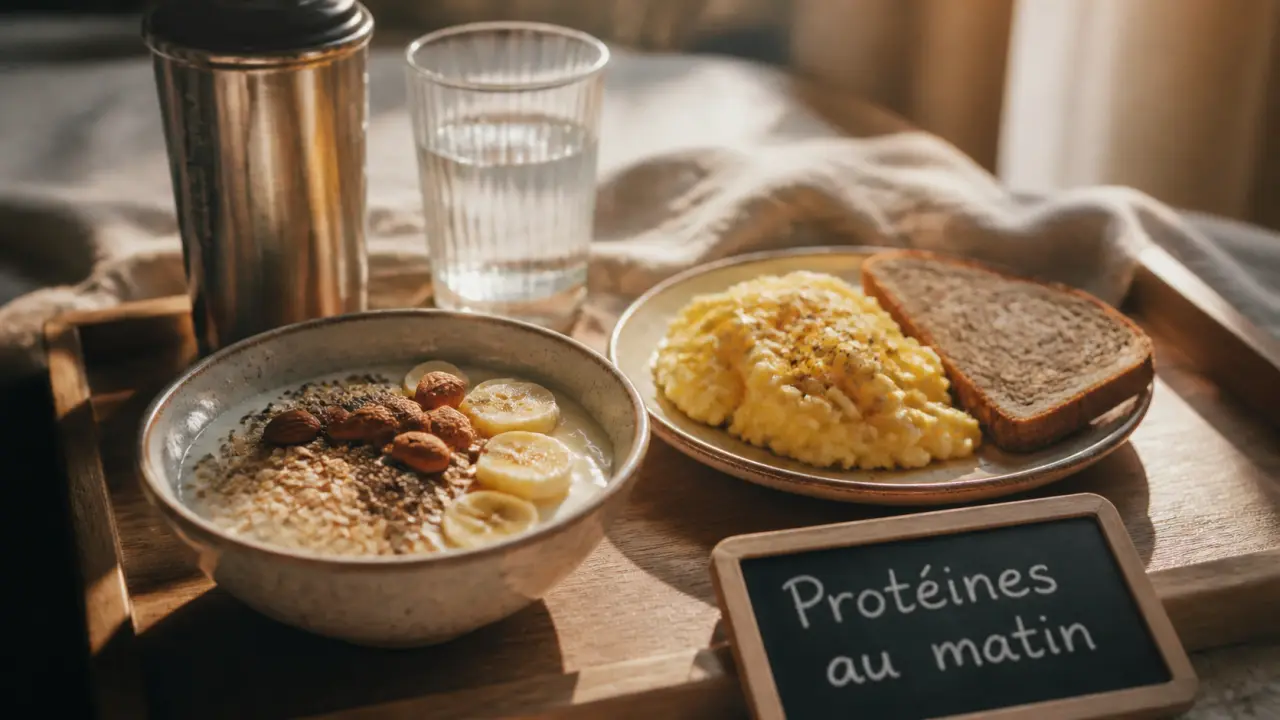 Petit dejeuner musculation : bol de skyr, flocons d’avoine, œufs et tartine pain complet