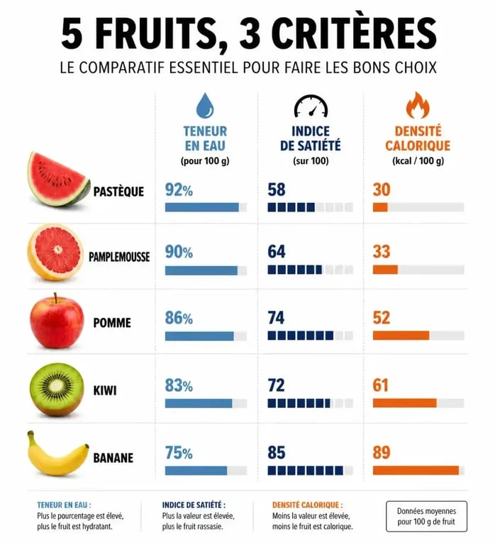 Infographie comparative des fruits pour regime : calories, fibres et satiété