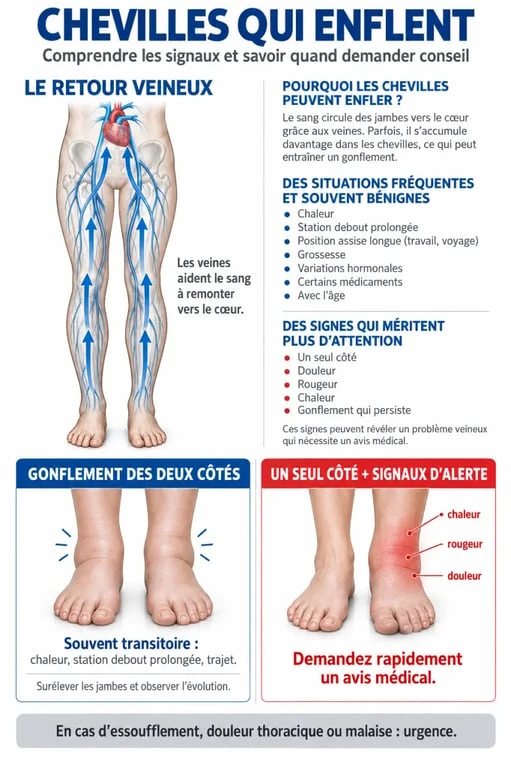 Infographie sur les chevilles qui enflent et les signes d’alerte à surveiller