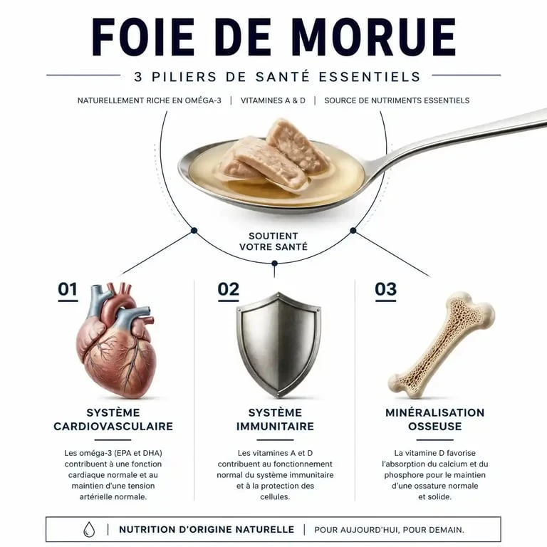 Schéma des effets santé du foie de morue sur le cœur, l'immunité et les os