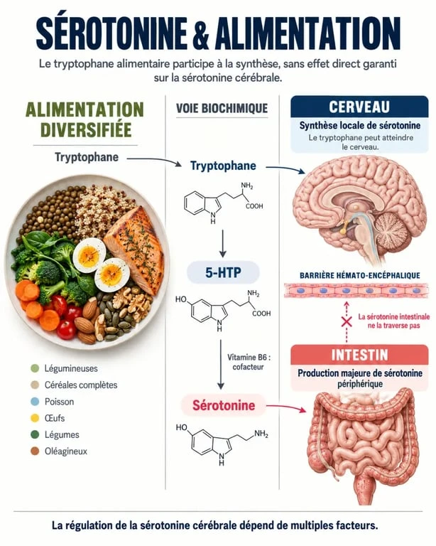 Infographie sur la sérotonine alimentation, le tryptophane, l’intestin et le cerveau