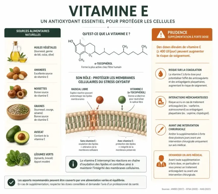 Complément alimentaire vitamine E : sources alimentaires, rôle antioxydant et précautions de sécurité