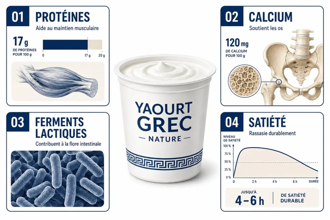 Yaourt grec bienfait : schéma des protéines, du calcium et des ferments lactiques