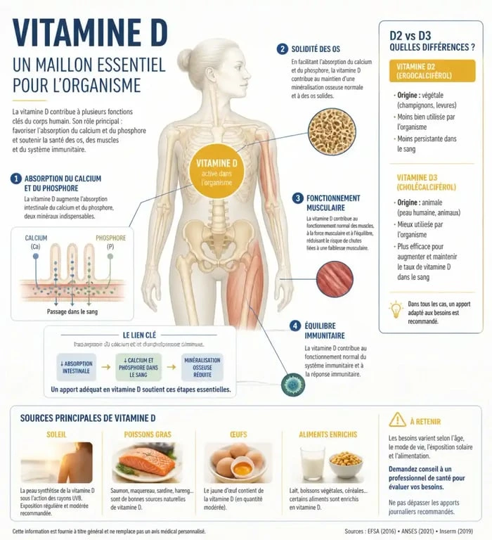 Infographie sur les bienfaits de vitamine D pour les os, les muscles et l’immunité