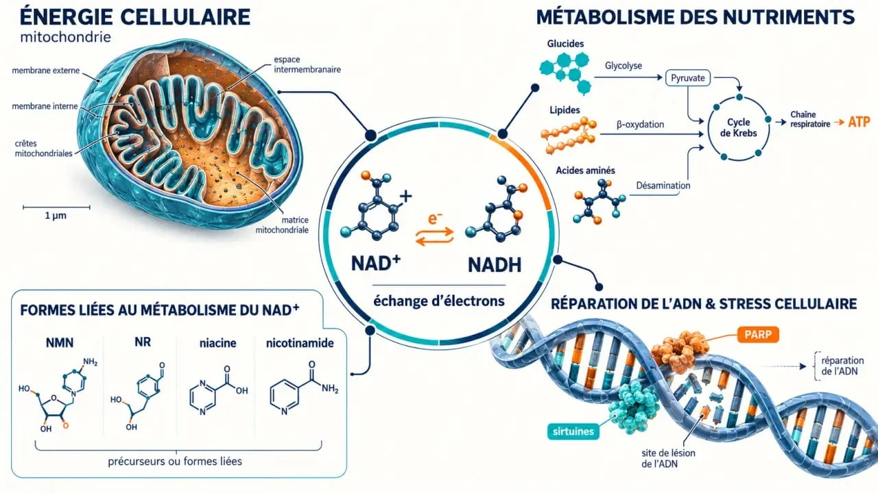 Infographie scientifique sur le NAD+, le couple NAD+/NADH et les précurseurs NMN et NR