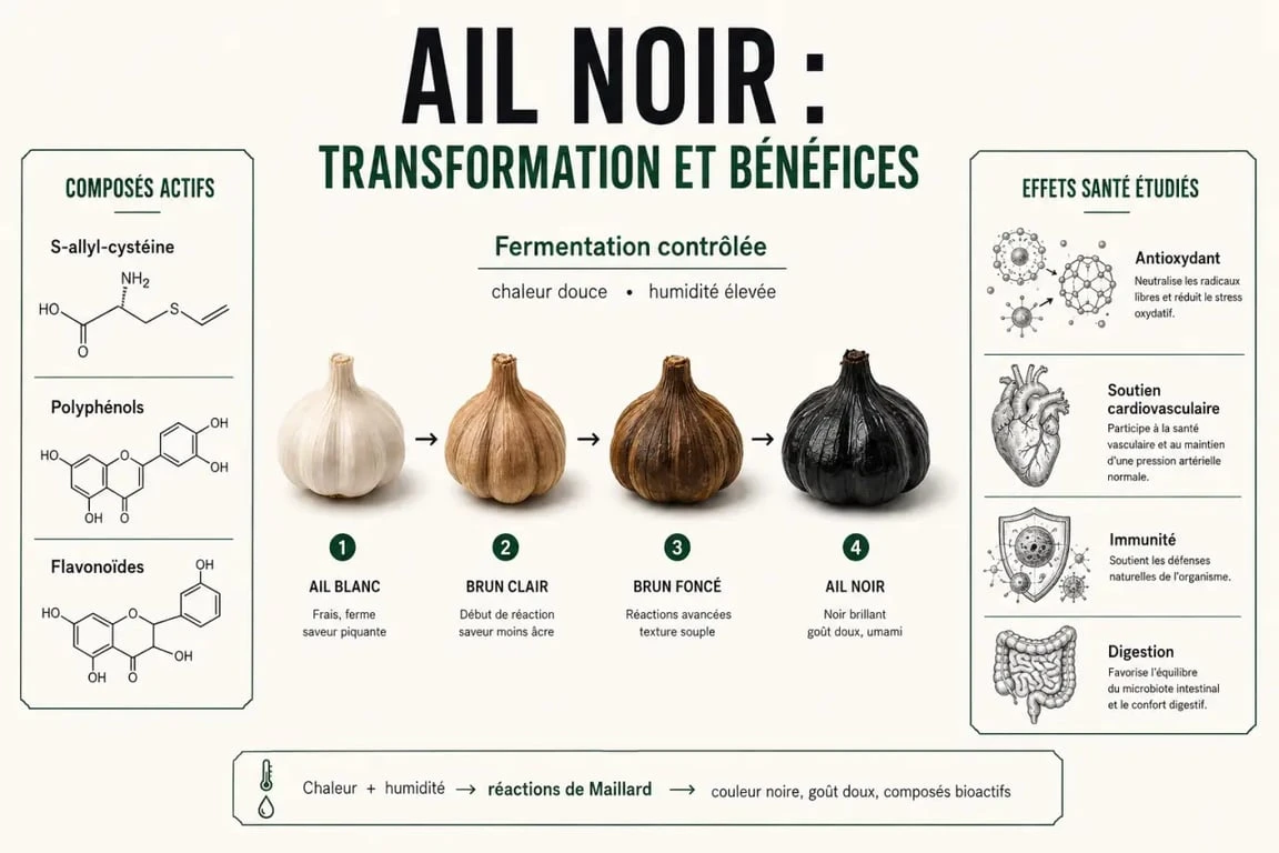 Bienfaits de l ail noir : schéma scientifique de la fermentation et des effets santé