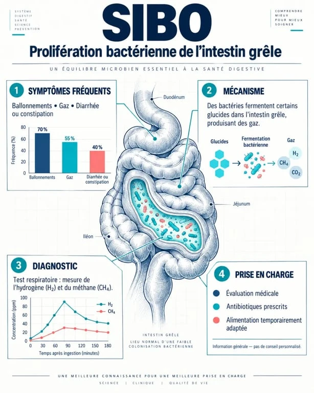 Infographie sur le SIBO : symptômes, test respiratoire et traitement
