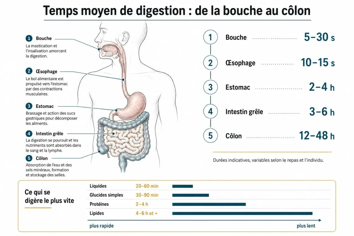 Temps pour la digestion : schéma des étapes digestives et durées moyennes selon les aliments
