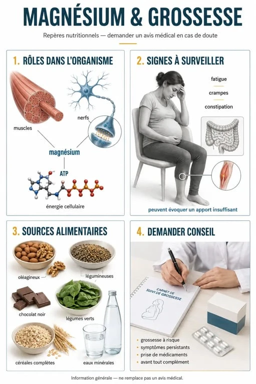 Magnésium et grossesse : infographie santé sur les rôles, les signes de carence, les sources alimentaires et les moments où demander conseil