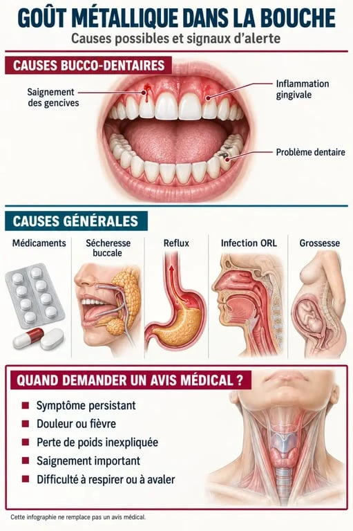 Infographie des causes et signes d’alerte du goût métallique dans la bouche
