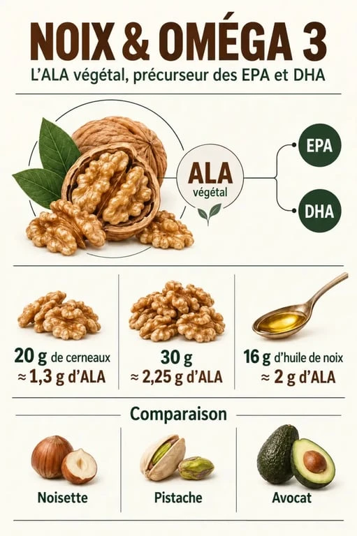 Infographie sur les noix et omega 3 : teneur en ALA, portions et distinction avec EPA et DHA