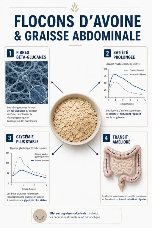 Flocon d’avoine et graisse abdominale : schéma des fibres, de la satiété, de la glycémie et du transit