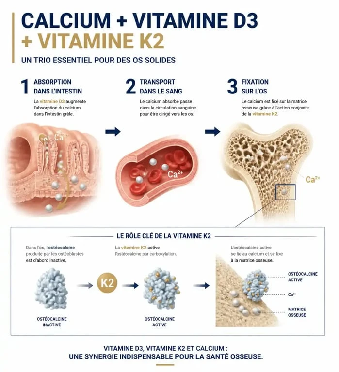 Complément alimentaire osteoforce calcium k2 efficace : schéma de l’absorption du calcium et de sa fixation sur les os avec vitamine D3 et vitamine K2