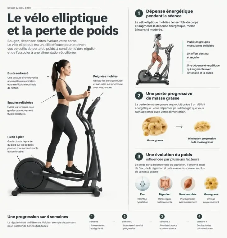 Infographie pour perdre poids avec le vélo elliptique : dépense énergétique, perte de masse grasse et progression