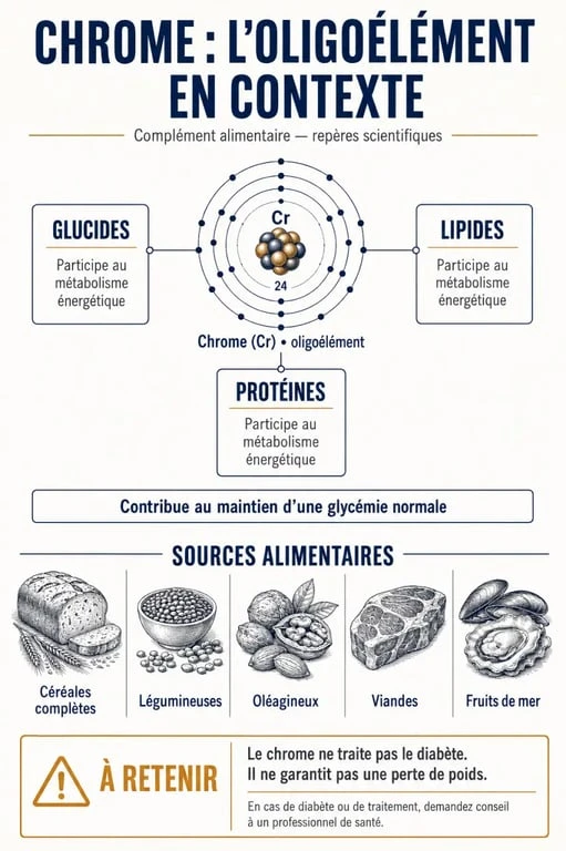 Infographie sur le chrome complément alimentaire, son rôle dans le métabolisme et ses sources alimentaires