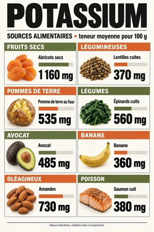 Où trouve-t-on le potassium : principales sources alimentaires classées par familles