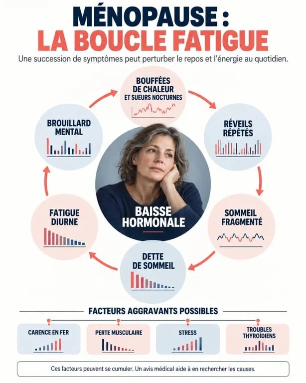 Schéma expliquant la ménopause et la fatigue : hormones, sommeil fragmenté, bouffées de chaleur et carence en fer