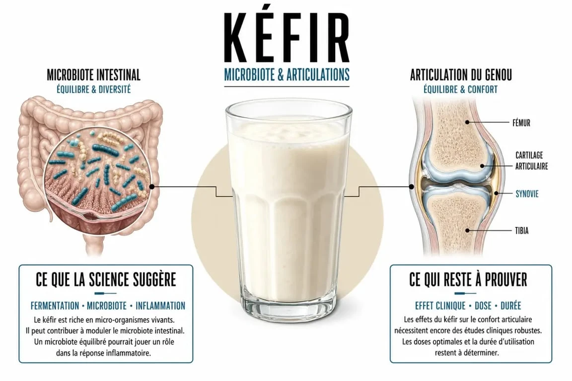 Kéfir et arthrose : schéma du microbiote intestinal, de l’inflammation et de l’articulation avec le niveau de preuve scientifique