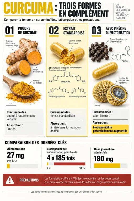 Infographie sur le curcuma en complément alimentaire, les curcuminoïdes, la pipérine et les précautions