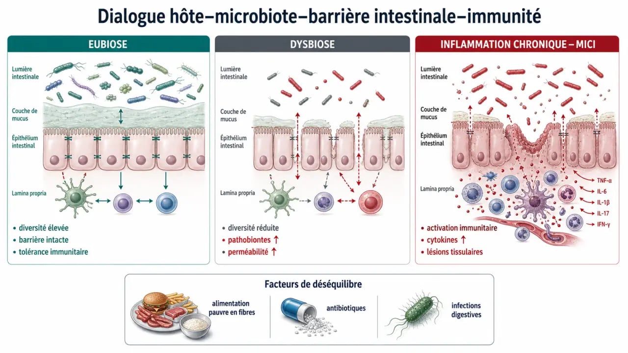 Comprendre le rôle du microbiote dans les pathologies inflammatoires chroniques : schéma du lien entre dysbiose, barrière intestinale et inflammation
