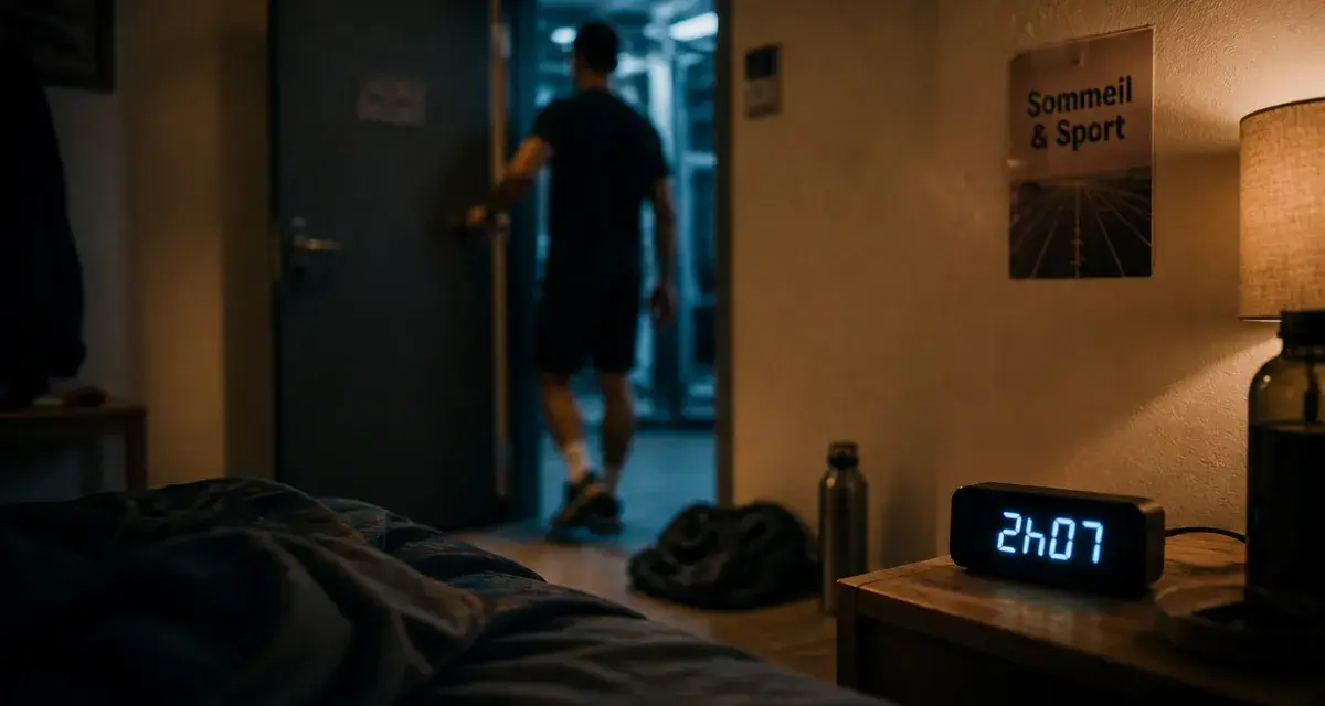 Insomnie après sport intensif : draps froissés, chronomètre 2h07, lumière bleue