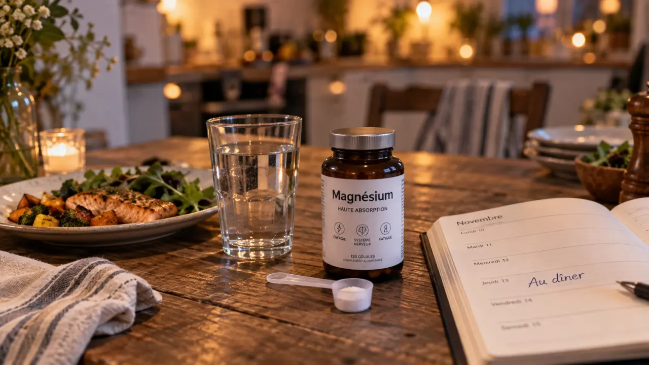 Quand prendre du magnésium : matin, soir ou avec un repas, flacon et eau près du dîner